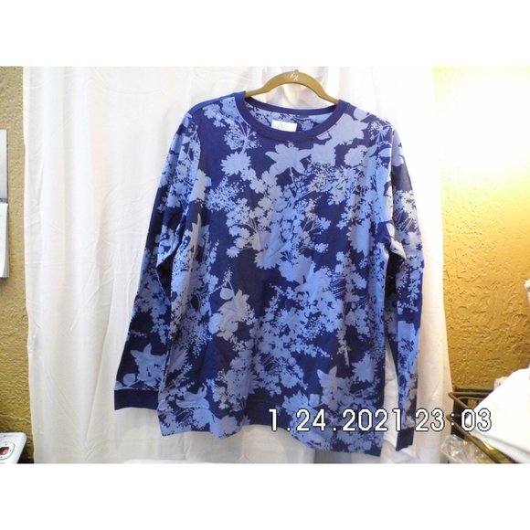 Denim & Co. Active Printed Design Crew Neck Long-Sleeve Top Fresh Navy Size Med - Picture 2 of 5